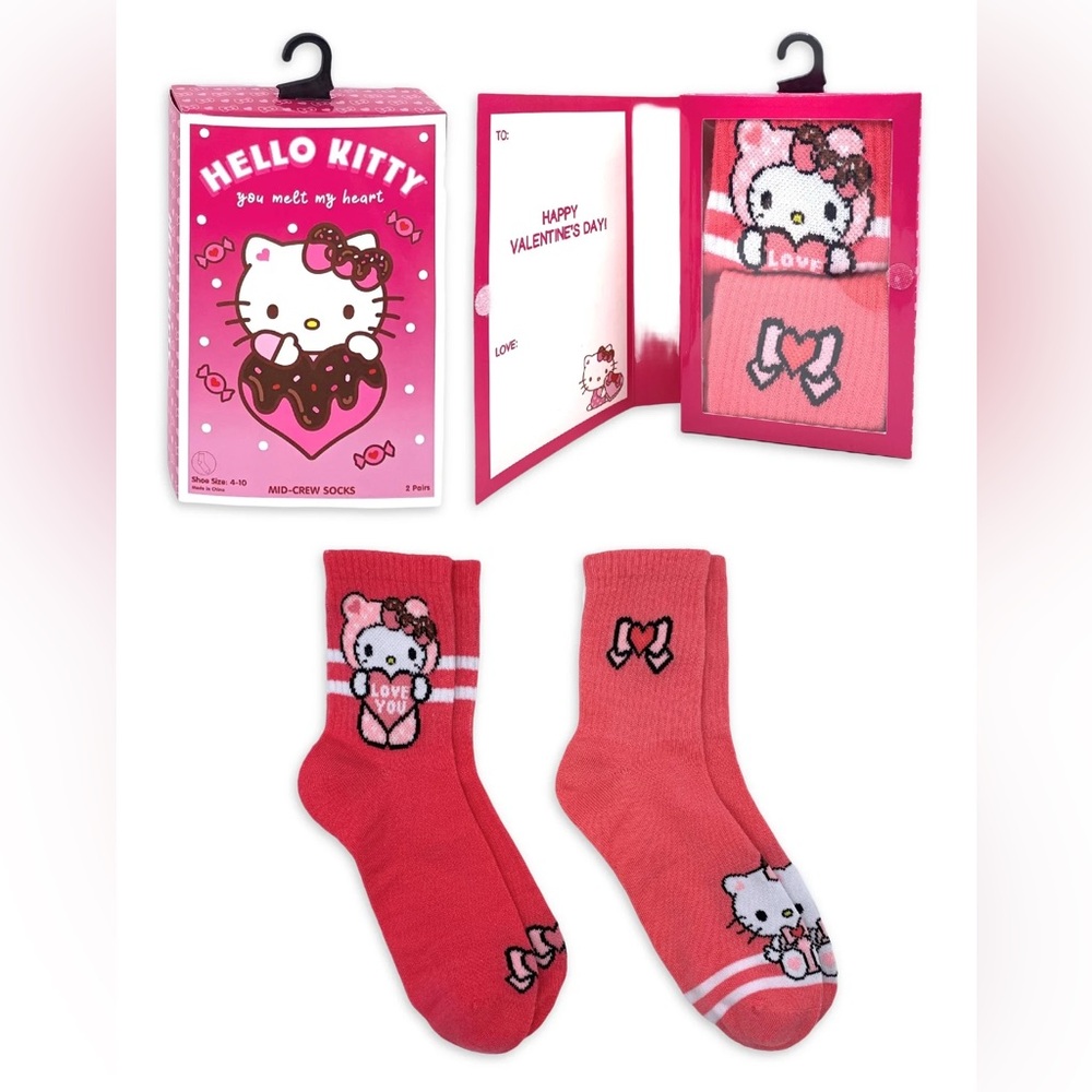 Hello Kitty, Valentine's Day Women's Mid-Crew Socks Box Set, 2-Pack, Size 4-10